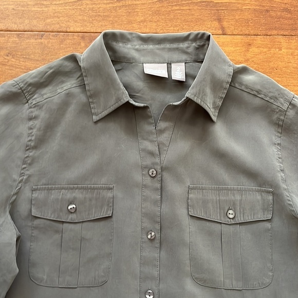 Chicos  Buttons Down Blouse Olive Green Long Sleeves Size L chest Pockets - Picture 5 of 11